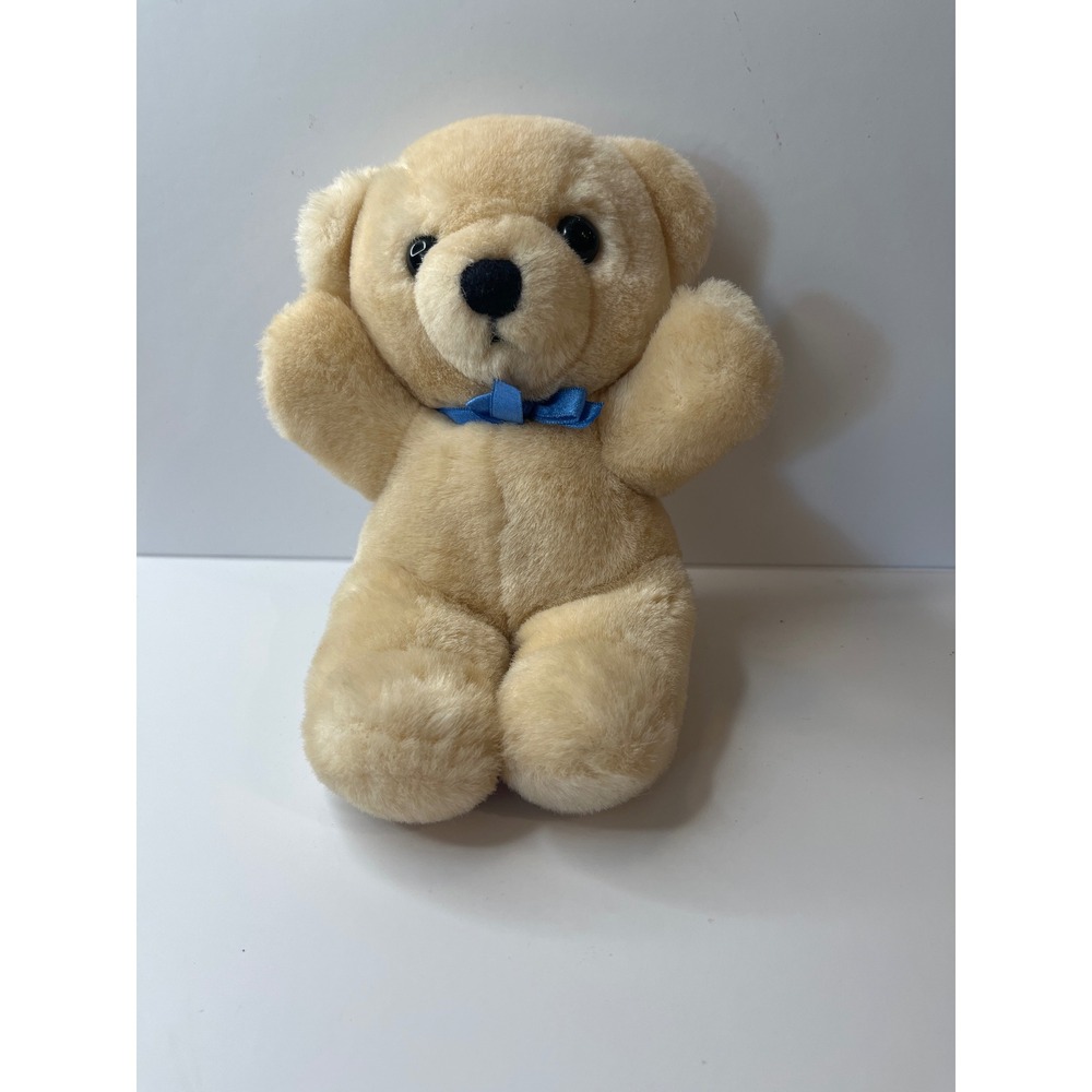 Vintage 1985 Dakin Teddy Bear Tan Plush Blue Bow Stuffed Animal 8 inch 1182